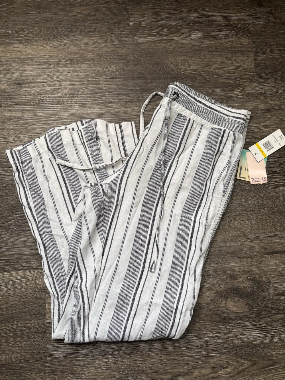 Per Se Black & White Vertical Stripe Drawstring Pants